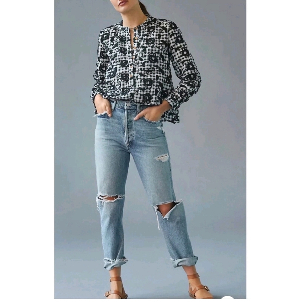 Anthropologie Black and White Patterned Long-Sleeve Blouse